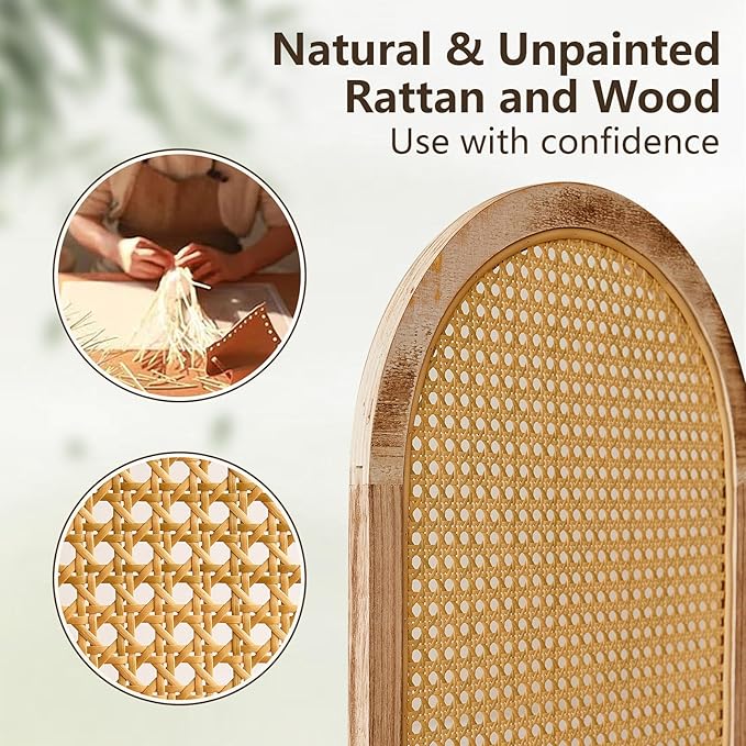 6 Panels Room Dividers and Hand-Woven Rattan Room Divider Wall, Wood Room Divider Folding Privacy Screens for Home Office Bedroom, Light Brown