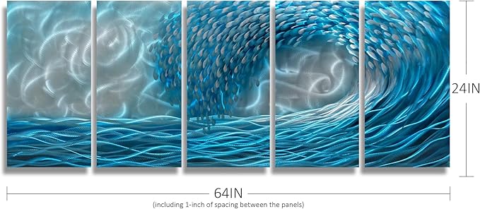 BATRENDY ARTS Blue Waves Metal Wall Art 3D Beach Ocean Hanging Scuplture Hand Polished Aluminium Painting for Living Room Bedroom Decor Ready to Hang