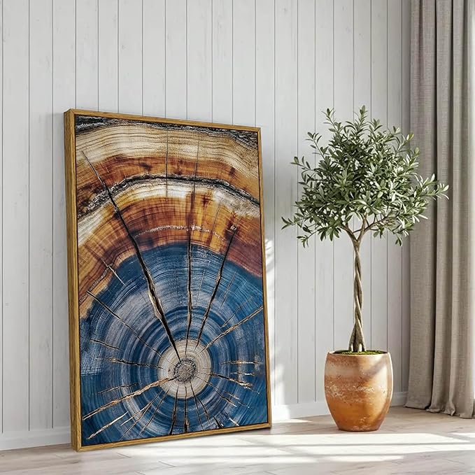 BingruiArt Large Framed Tree Ring Wall Art Wood Canvas Colorful Boho Wall Decor Rustic Artwork Abstract Painting Farmhouse Picture Nature Print for Living Room Bedroom Bathroom 24"x36" Natural Framed(02)