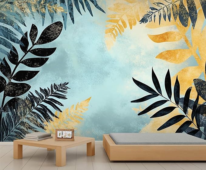 Black Gold Leaf Mural Wallpaper, Cartoon Palm Leaf Murals, 3D Tropical Plants Murals Wallpaper for Living Room Bedroom Tv Background Wall Home Decor Mural (Not Peel Stick)