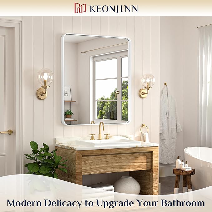 Keonjinn White Bathroom Mirrors for Over Sink, 30 x 36 Inch Metal Framed Bathroom Mirror for Wall, Rounded Rectangle Matte White Mirror with HD Tempered Glass, Hangs Horizontally or Vertically
