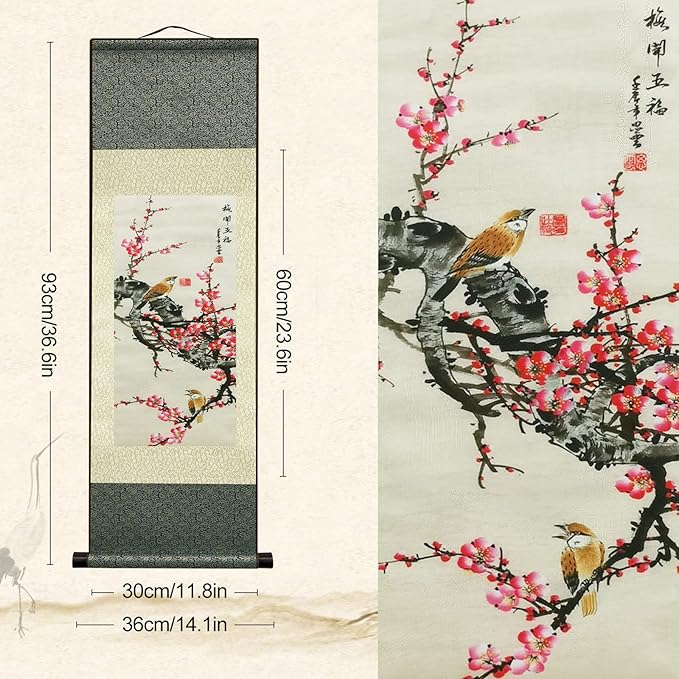 AtfArt Wall Art 4 Pack Asian Decor Birds & Flowers Silk Scroll Painting (36.2 x 12 in) - Chinese Art Wall Hanging, Fade-Resistant, Home Office