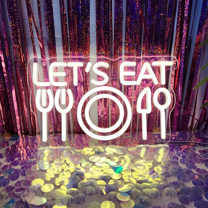 Let's Eat Neon Sign Lets Eat Neon Signs for Wall Decor, Food Led Light Sign for Lunch Club Hotel Canteen Cooking Restaurant Small Bate Party, 6.9" x 11.8"