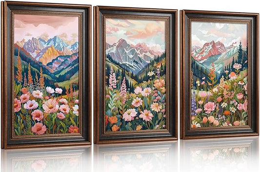 Large Colorful Floral Blossom Framed Canvas Wall Art,Natural Ridge Mountain Wall Decor, Boho Botanical Artwork, Modern Scenery Art Print for Living Room,Bedroom,Office- 16"x24"x3