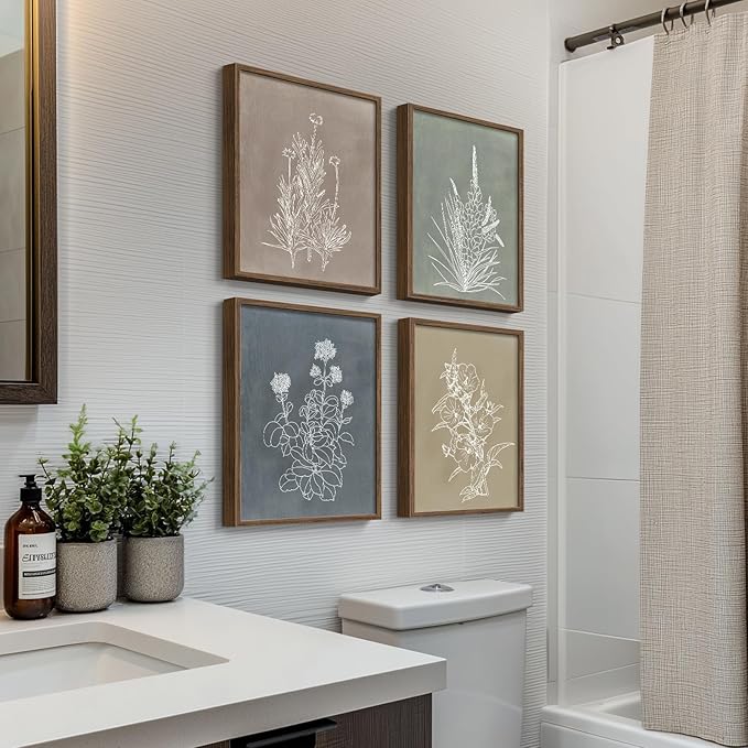 Boho Framed Botanical Wall Art for Bathroom Decor, 4 Piece Rustic Floral Canvas Painting Prints Artwork for Walls, Vintage Neutral Flower Pictures for Farmhouse Bedroom Dining Room Kitchen, 8x10 Inch