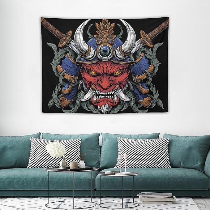UUKXKUU Oriental Retro Mask Symmetry Samurai Japanese Tapestry Flag Backdrop Wall Hanging Large Wall Art Decor for Dorm Office Bedroom Living Room 30"×40"