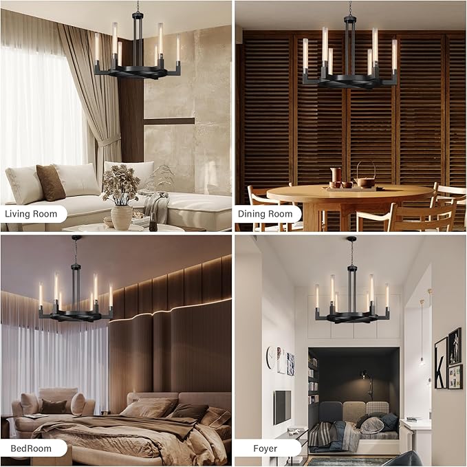 Black 6-Lights Wagon Wheel Chandelier with Glass Tube, 35''Farmhouse Chandeliers Round Luxurious Large Chandelier Fixture Ceiling Pendant Lighting for Dining Living Room, Foyer