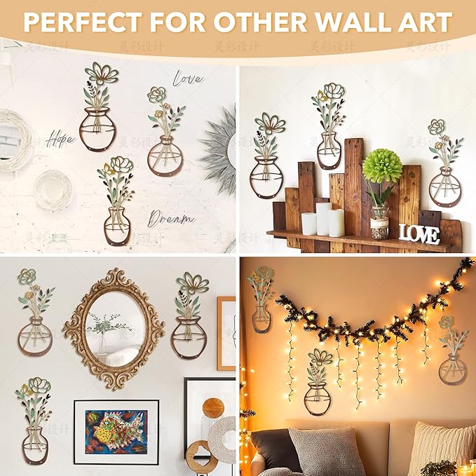 Mcdagogn 3 Pieces Metal Flowers Wall Decor - Rustic Farmhouse Wall Arts, Boho floral Minimalist Wall Decor for Living room Bathroom Bedroom laundry Room Kitchen Office - Housewarming Gifts