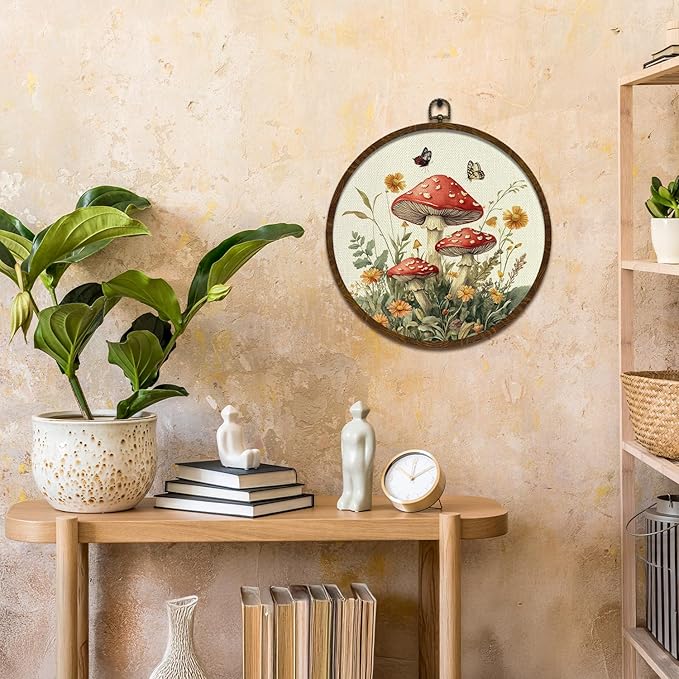 KLYTINK Vintage Fantasy Mushroom Floral Wall Art, Round Canvas Wall Hanging Decor, Fantasy Forest Botanical Illustration, for Living Room,Bedroom,office 10x10 Inch(MG09)