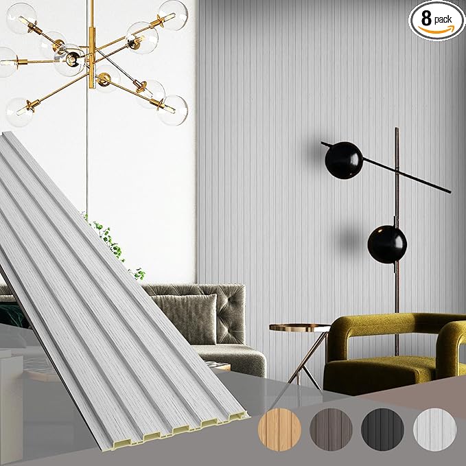 OUZUGIE WPC Acoustic Slat Wall Paneling, 8-Pack 114 x 6 Inches 3D Wall Panels for Interior Wall Decor,Living Room,TV Background,Study Room,Office Spaces,Bedroom,Low Grille (Grey)