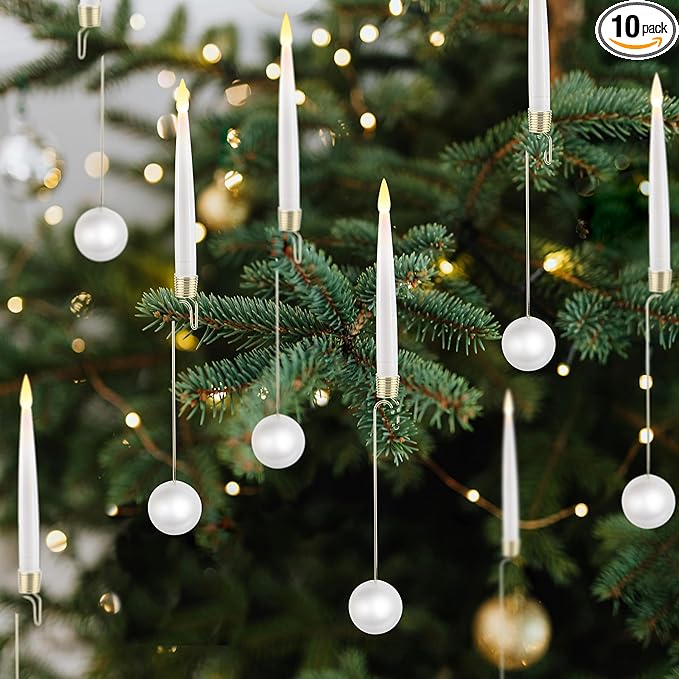 Christmas Tree LED Candles, 10 Pack Battery Operated with Remote, Fake Candles for Xmas Wedding Decor with Pearl Ball Hook