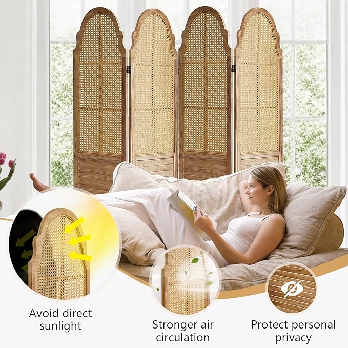 4 Panel Rattan Room Divider, 6 FT Tall Portable Partition Solid Wood Frame Folding Privacy Screen, Partition Room Divider Ideal for Bedroom Living Room Office, Light Brown