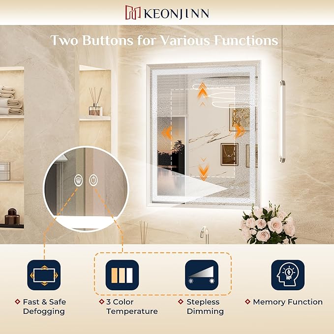 Keonjinn 42 x 36 Inch Brushed Nickel LED Mirror for Bathroom, Frontlit & Backlit Bathroom Vanity Mirror with Lights, HD Tempered Glass, Beveled Framed, 3 Color Temperature, Anti-fog, Plug-in/Hardwired