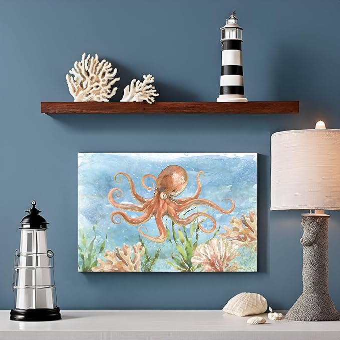 Octopus Canvas Wall Art Ocean Under Sea Life Painting Nautical Marine Life Coral Pictures Framed Artwork For Bathroom Bedroom Livingroom Wall Decor 24x16 Inch