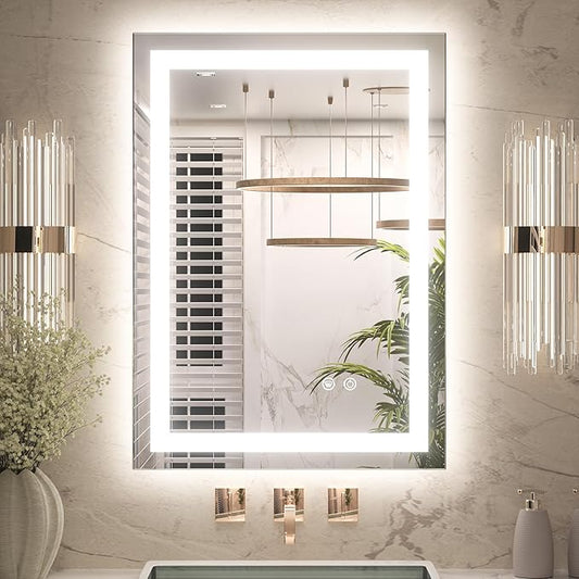 Keonjinn LED Bathroom Mirror with Lights 20 x 28 Inch, Brighter Frontlit & Backlit Vanity Mirror with 3 Color Lights, Lighted Bathroom Mirror with Anti-Fog, HD Tempered Glass, UL-Listed LED Driver