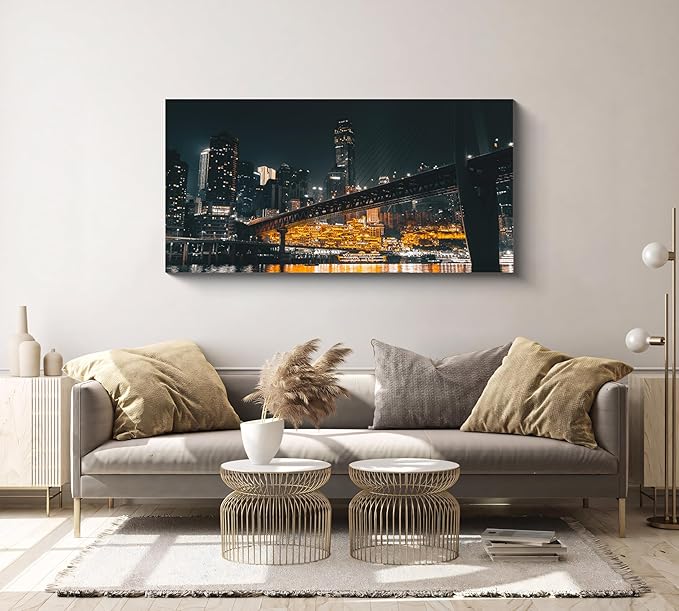 NAN Wind 1PCS Chongqing City Nightscape Canvas Wall Art Illuminated Chinese Skyline with Bridge Skyscrapers Modern Urban Landscape Photography Print for Living Room Office Bedroom Decor