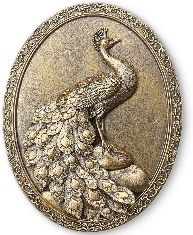 Newinhome Vintage Peacock Wall Sculpture Antique Wall Decor, Hand Painted Wall Decoration with Embossed Peacock Design, Gold Decor for Bedroom Living Room Hallway, Housewarming Gift
