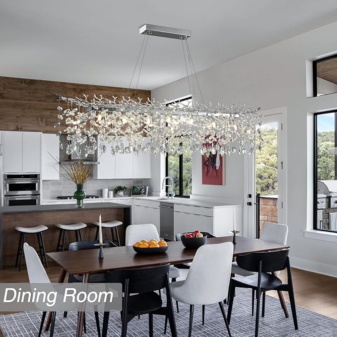 60" Modern Crystal Chandelier, 16-Light Silver Tree Branch Chandelier for Dining Room, Luxury Rectangular Raindrop Chandeliers for Kitchen Island, Living Room, Foyer, Contemporary K9 Light Fixture