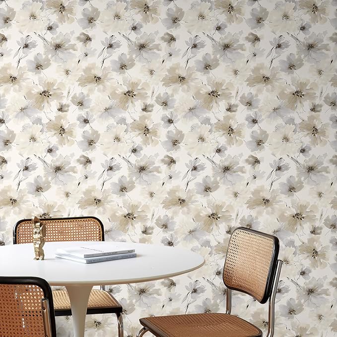 JiffDiff Beige Flower Watercolor Flower Peel and Stick Wallpaper, Honey Wheat Yellow, 17.3x393.7 inch, 48.5 sq ft, Straight Match