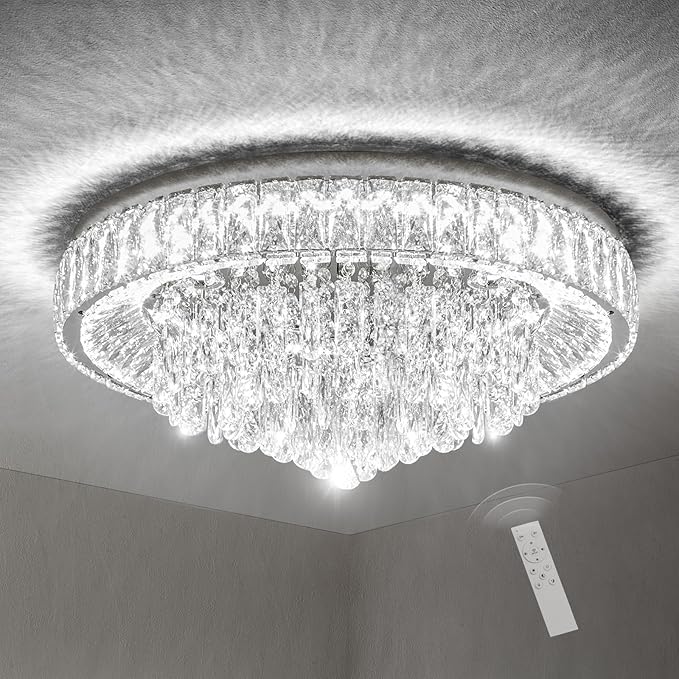 Modern Dimmable Led Crystal Chandelier: Flush Mount Crystals Ceiling Light with Remote - 24" Silver Ceiling Lighting Fixtures Round Crystal Chandeliers for Dining Room Bedroom Living Room Entryway