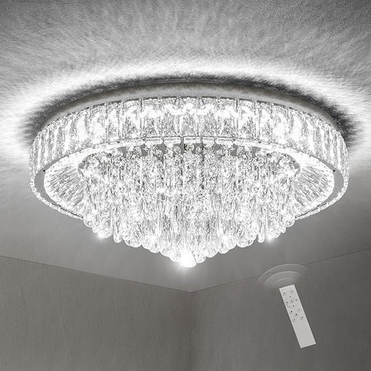 Modern Dimmable Led Crystal Chandelier: Flush Mount Crystals Ceiling Light with Remote - 24" Silver Ceiling Lighting Fixtures Round Crystal Chandeliers for Dining Room Bedroom Living Room Entryway