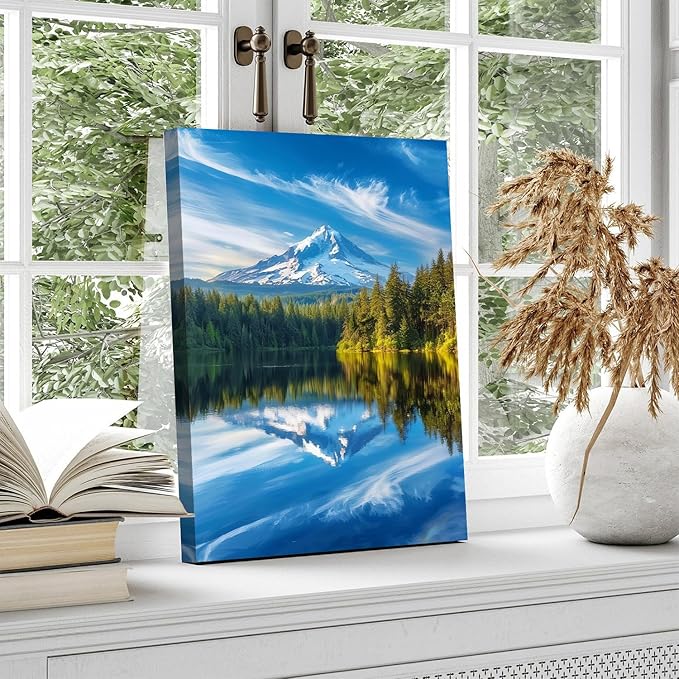 Mountain Wall Art National Park Posters Nature Forest Pictures Blue Lake Reflection Landscape Canvas Prints Mt Hood Mountains Scenery Painting Artwork for Bedroom Living Room Home Decorations 12x16"