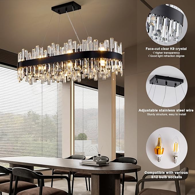 Chandelier for Dining Room, L35.4 Black Rectangle Crystal Chandelier Over Table, Modern 16-Light Large Crystal Chandeliers Ceiling Light, Pendant Light Fixture for Kitchen Island Living Room