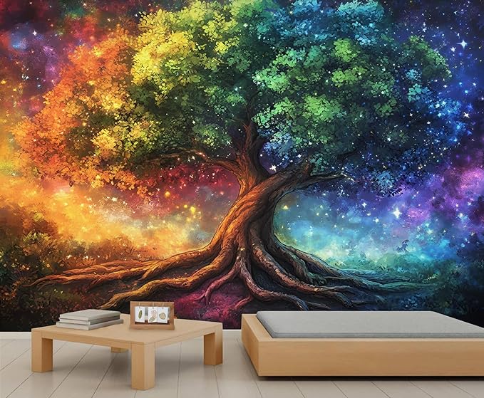 Colorful Tree Crowns Wall Murals, Thick Tree Trunks Mural Wallpaper, Starry Sky Wall Decor, Brilliant Colors Mural for Bedroom, Treescapes Wallpaper for Living Room 78"（W） x 55"（H）
