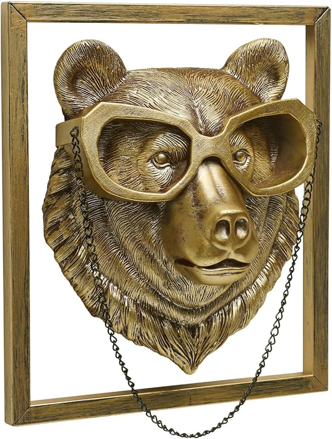 Newinhome Animal Heads Wall Decoration (Gift Metal Frame) Resin Animals Sculptures Head Wall Hanging Decor Gold vintage Wall Sculpture for Living Room Bedroom Office(Bear)