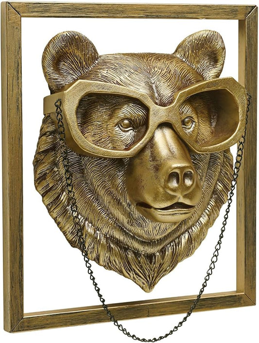 Newinhome Animal Heads Wall Decoration (Gift Metal Frame) Resin Animals Sculptures Head Wall Hanging Decor Gold vintage Wall Sculpture for Living Room Bedroom Office(Bear)