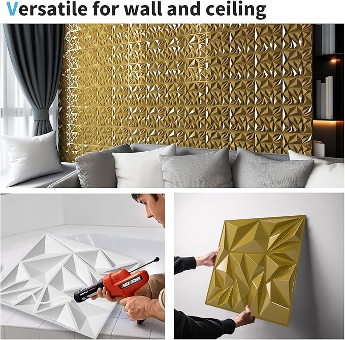 Art3d 33-Pack 3D Wall Panels for Interior Wall Decor, Diamond Textured Feature Wall Paneling for Gaming Living Room TV Wall Background Accent Wall - 12 x 12 inch Gold