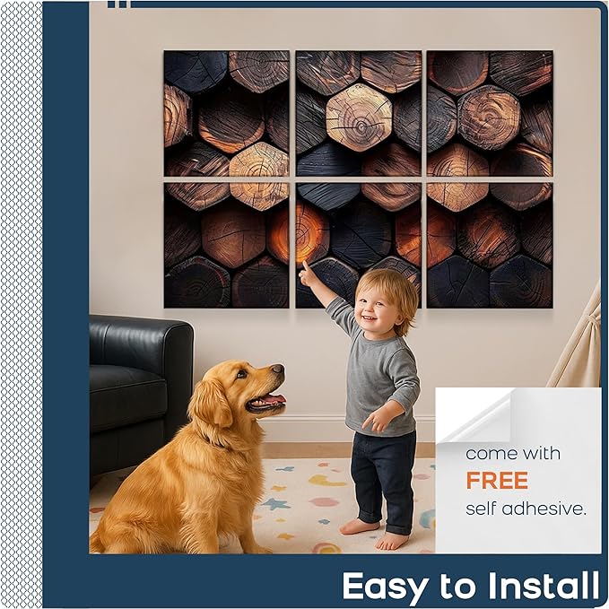 BUBOS 6 Pack Art Acoustic Panels Soundproof Wall Panel,70.8X47.2 Inches Large Sound Absorbing Panel,Self-Adhesive Decorative Acoustical Wall Panels, Acoustic Treatment for Home（Timber Code）