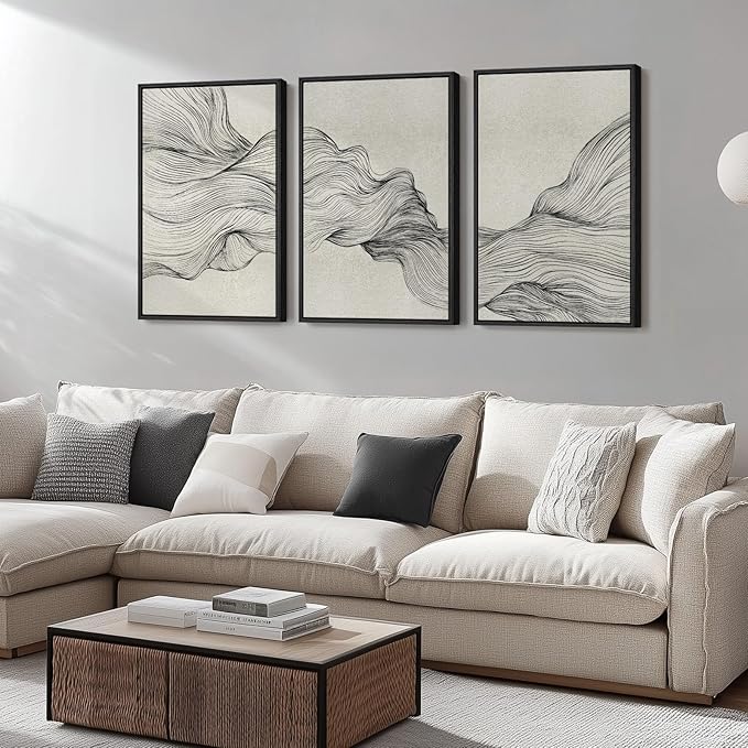 Large Framed Black and Beige Neutral Abstract Wall Art for Living Room, 3 Piece Modern Canvas Prints Paintings Artwork for Walls, Minimalist Lines Pictures for Hallway Stair Office Wall Decor 24x36 In
