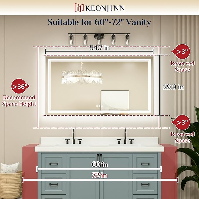 Keonjinn LED Bathroom Mirror with lights, 55" x 30" with Frontlit and Backlit, Stepless 3 Colors Temperature & Dimmable Large Tempered Glass Mirror, UL Listed LED Driver Double LED Strip Vanity Mirror