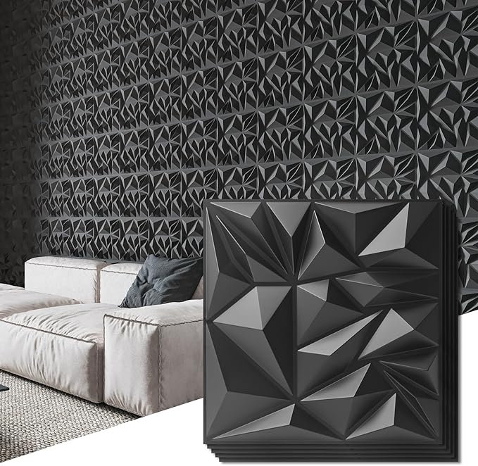 Art3d 50-Pack 3D Wall Panels for Interior Wall Decor, Modern Diamond Textured Accent Wall Paneling for Gaming Living Room TV Wall Background, 12 x 12 inch Black