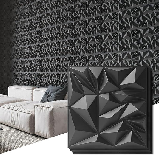 Art3d 50-Pack 3D Wall Panels for Interior Wall Decor, Modern Diamond Textured Accent Wall Paneling for Gaming Living Room TV Wall Background, 12 x 12 inch Black