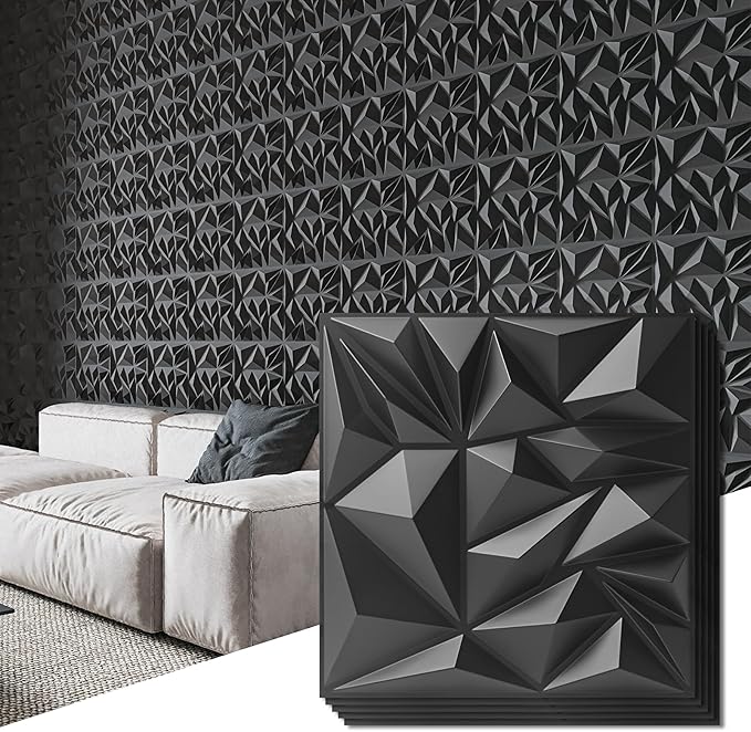 Art3d 33-Pack 3D Wall Panels for Interior Wall Decor, Modern Diamond Textured Accent Wall Paneling for Gaming Living Room TV Wall Background, 12 x 12 inch Black