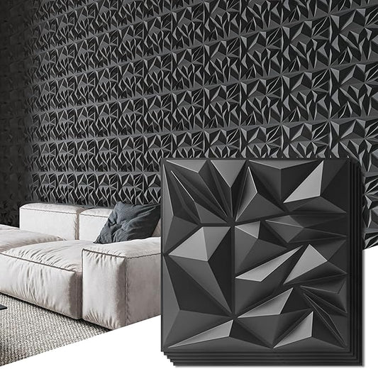 Art3d 33-Pack 3D Wall Panels for Interior Wall Decor, Modern Diamond Textured Accent Wall Paneling for Gaming Living Room TV Wall Background, 12 x 12 inch Black