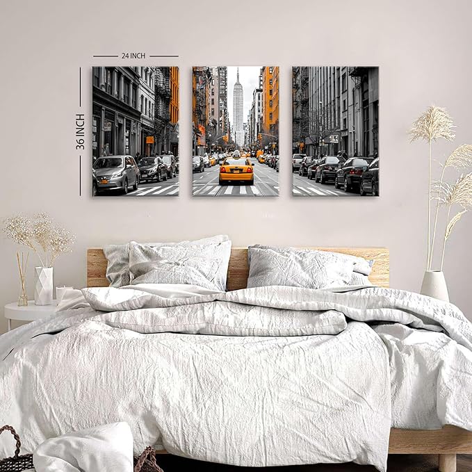 Black and White Nyc Wall Art Living Room Bedroom Wall Decor Cityscape Orange Taxi Framed Canvas Contemporary Street Car Poster Print City Photography Photo Man Bathroom Interior Decoration 24x36 3pcs