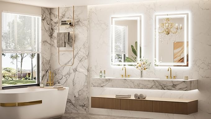 Keonjinn LED Bathroom Mirror 40” x 24” with Frontlit and Backlit, Stepless 3 Colors Temperature & Dimmable Vanity Mirror, UL Listed LED Driver, Double Light Strips, Tempered Glass Mirror with Lights