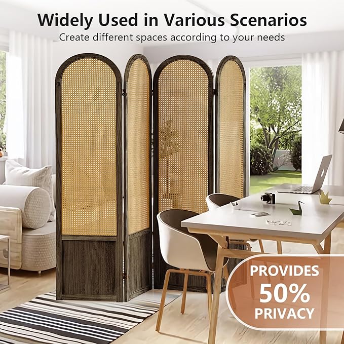 4 Panel Room Divider Wall, Folding Privacy Screen, Foldable Wood Divider Room Dec, Rattan Room Divider, Portable Partition Screen, Wall Divider for Room Separation Home Office (Brown)