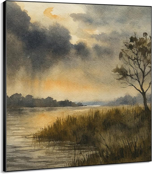 36"x36" Large Framed Wall Art - Golden Dusk River Landscape Watercolor Nature Scene (Frame Assembly Required)