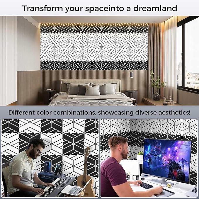 12 Pack 2-Layer Soundproof Wall Panels, 12 x 12 x 0.43 in Sound Proof Foam Panels for Walls, 1.1lb/ft* High Density, Thicker 0.43 in, 3D Acoustic Panels,Artistic Noise Dampening Panels Black&White
