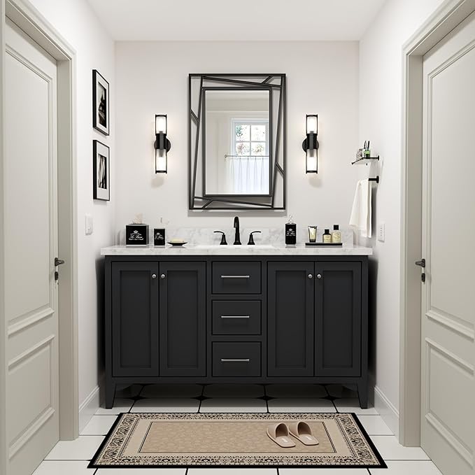 Black Bathroom Mirror for Wall 28''X20'' Matte Black Rectangle Wall Mirror with Geometric Metal Frame, Anti-Rust, Hang Horizontally or Vertically