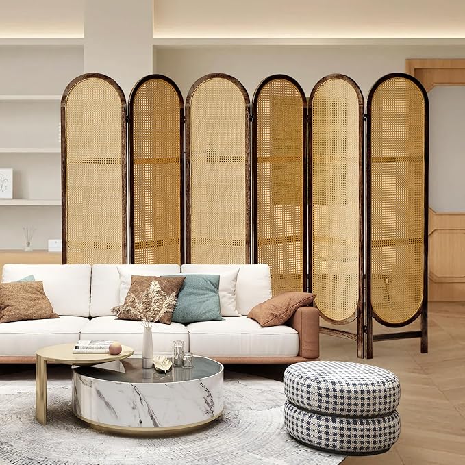 ALeesinwing 6 Panels Room Dividers, Hand-Woven Rattan Room Divider Panel and Folding Privacy Screens, Wood Room Divider Wall Freestanding Room Partitions Screen for Home Office Bedroom, Dark Brown