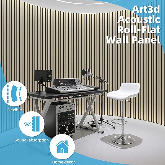 Art3d Acoustic Wood Slat Wall Panel with Roll-Flat Design - 95.3 x 23.8 Inch Sound Absorbing Panels for Living Room Columns Corridor Curved Wall Decor, 2-Pack Oak