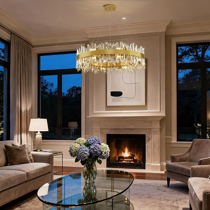 Modern Crystal Chandelier, 16-Lights Round Chandelier for Dining Room 2 Tiers, 32'' Gold Adjustable Raindrop Chandeliers for Bedroom, Dining Chandeliers Over Table for Living Room, Bathroom