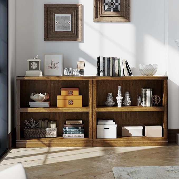 Bookcase, 2 Tiers S Bookshelf Open Storage Organization, Floor Standing Indoor Furniture Book Case for Library Office Living Room Bedroom, Vintage Oak - 2 Tier