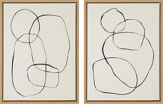 Kate and Laurel Sylvie Modern Circles and Going in Circles Framed Linen Textured Canvas Wall Art by Teju Reval, Set of 2, 18x24 Natural, Beautiful Abstract Wall Decor