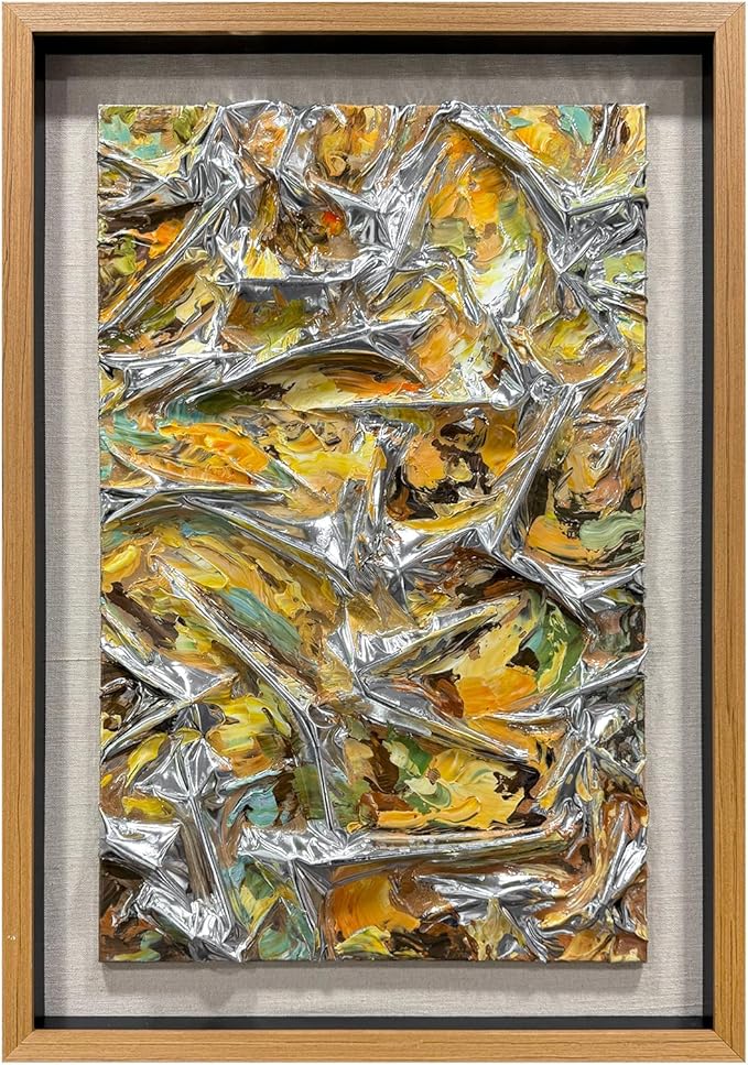 BrightA Textured silver leather abstract art - vibrant spray-painted fluid colors (yellow/orange/green) with solid wood frames, modern wall sculptures, contemporary living room 39.4"x59"
